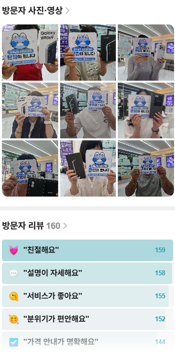 네이버 방문자 리뷰 160개. 친절해요 159, 설명이 자세해요 158, 서비스가 좋아요 155, 분위기가 편안해요 152, 가격 안내가 명확해요 144. 방문 고객 사진 9장.